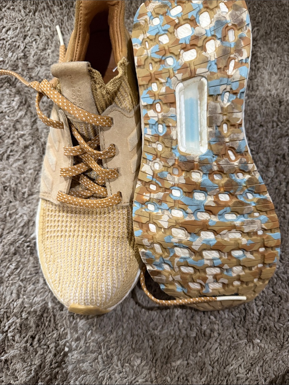 adidas Women's Tan and Light Blue Knit Sneaker